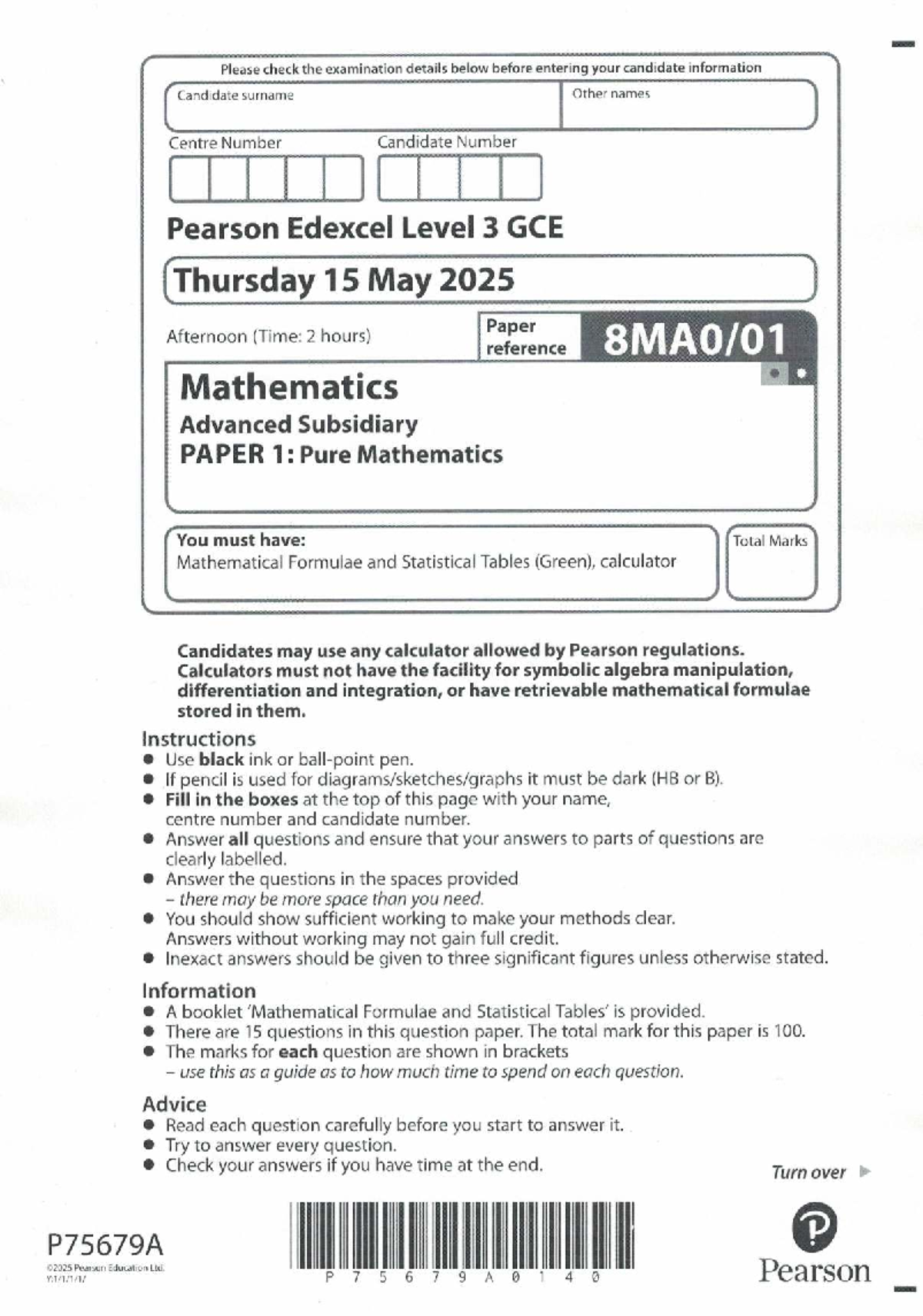 2506 8MA0-01 AS Pure Mathematics June 2025 Exam Solutions - Studocu