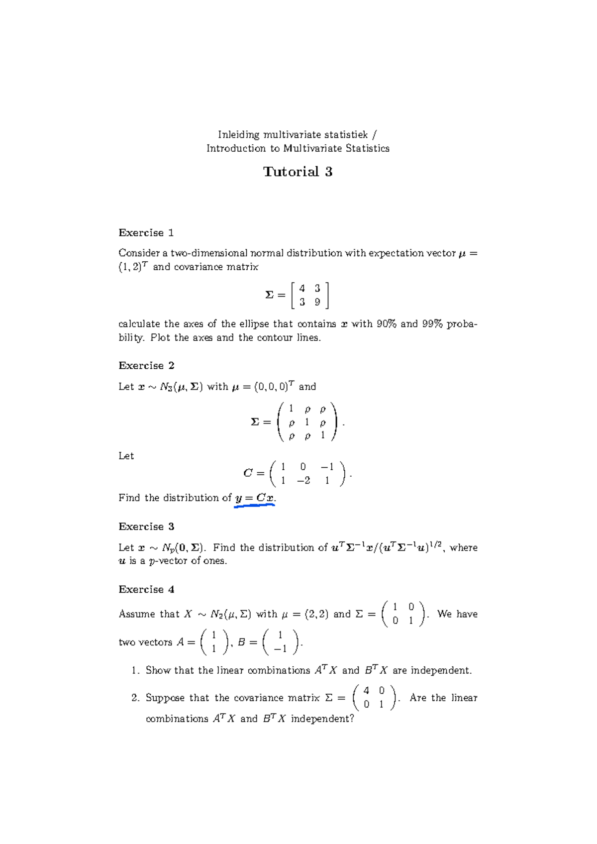 Tutorial 3: Exercises on Multivariate Statistics (Course Code: MSTAT101 ...