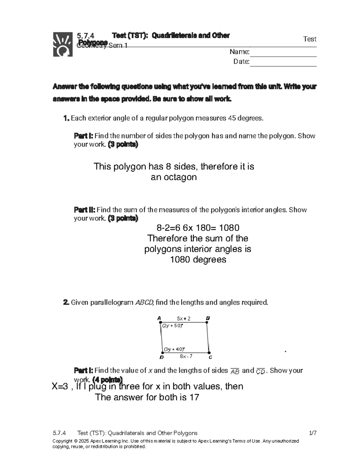 5.7.4 Test (TST): Geometry of Quadrilaterals & Polygons - Studocu