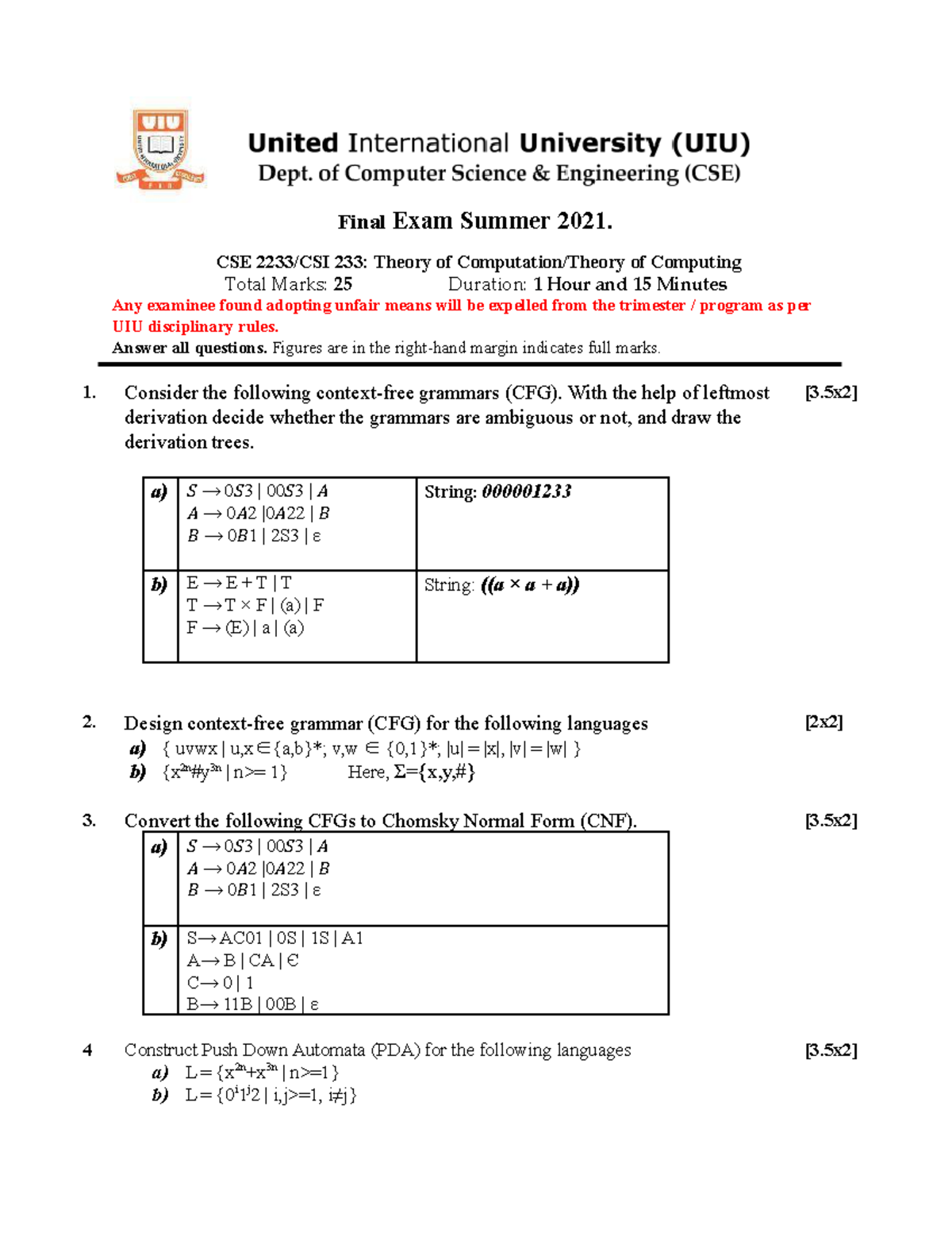 CSE 2233/CSI 233 Final Exam Summer 2021: Theory of Computation - Studocu