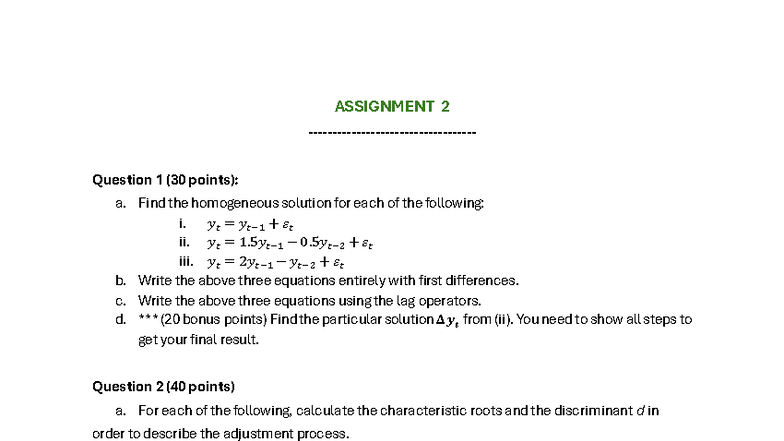 Assignment 2: Homogeneous & Particular Solutions in Time Series ...