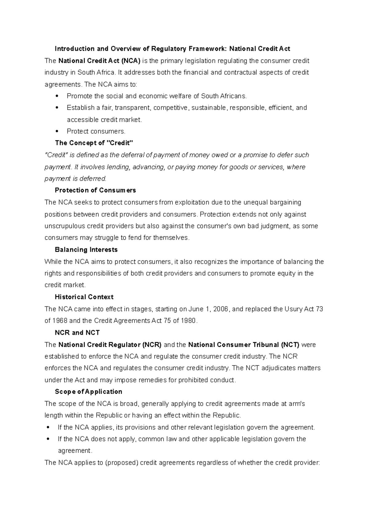 Week 8 Study Notes: Overview of the National Credit Act (NCA) - Studocu