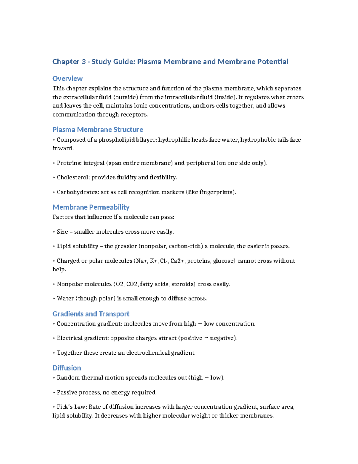 Chapter 3 Study Guide: Plasma Membrane & Membrane Potential - Studocu