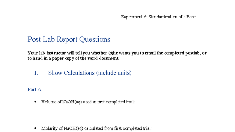 Experiment 6: Standardization of a Base Post Lab Report - Studocu