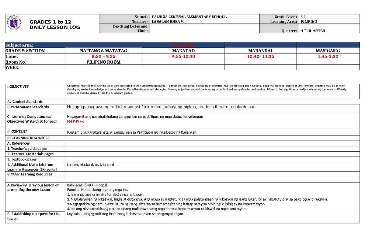 DLL Filipino 6 Q4 W7: Daily Lesson Log for Grade 6 - Studocu