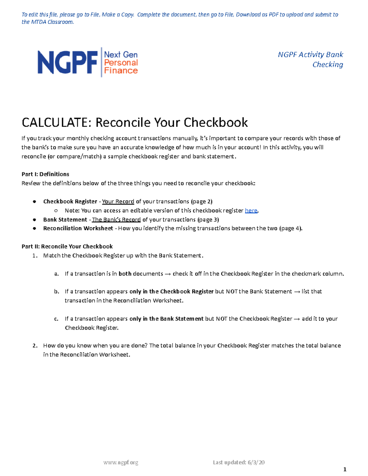Copy of Calculate Reconcile Your Checkbook - To edit this file, please ...