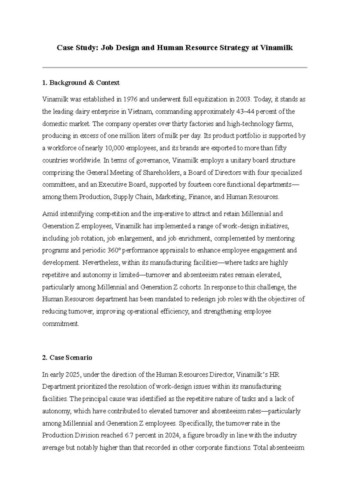 Case Study: Job Design & HR Strategy at Vinamilk (HRM 101) - Studocu