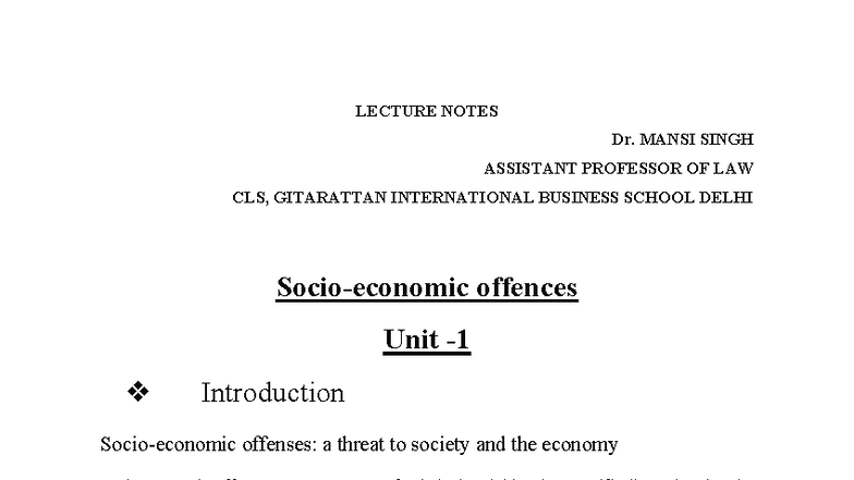LECTURE NOTES CLS - Socio Economic Offences Overview and Impact - Studocu