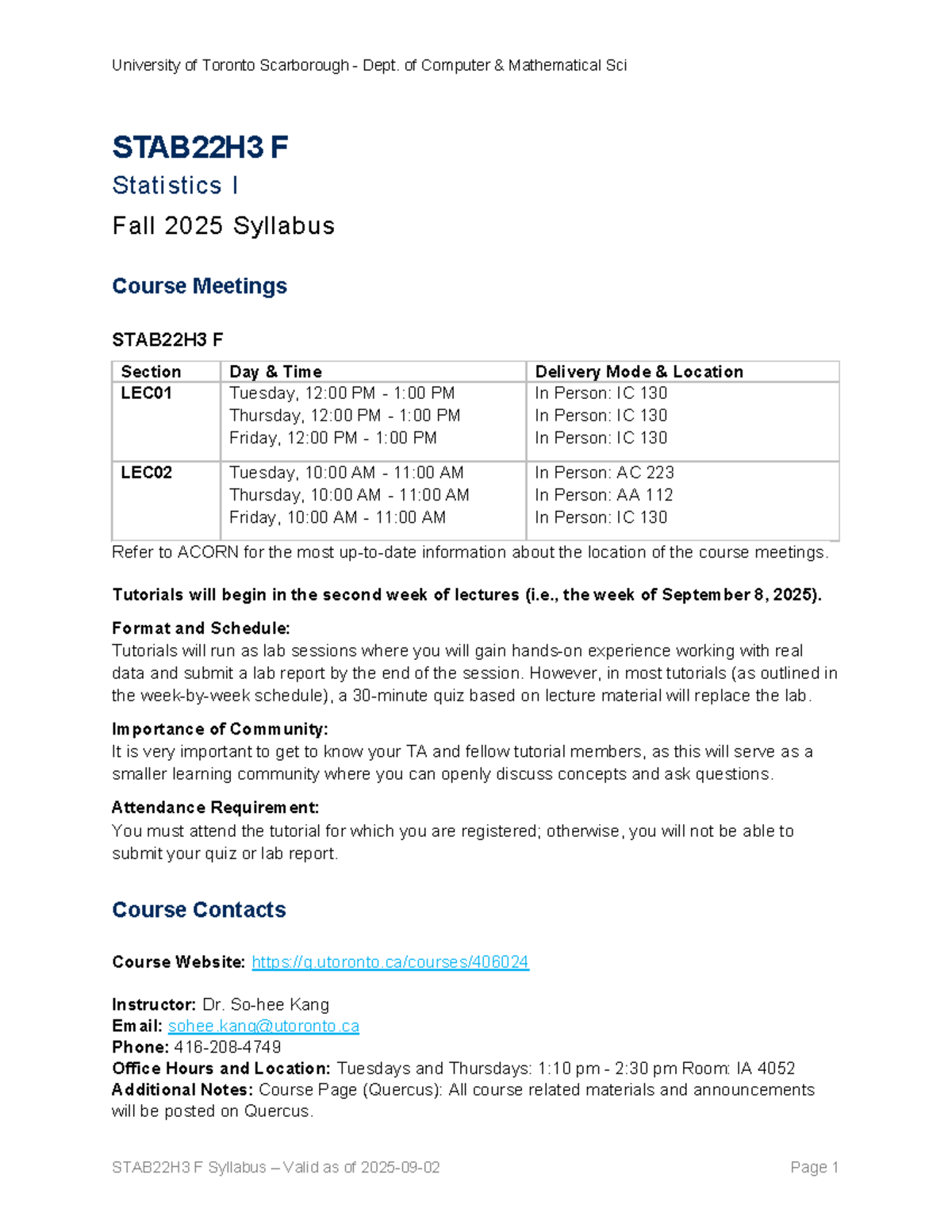 STAB22H3 F 2025 Fall Statistics I Course Syllabus and Schedule - Studocu