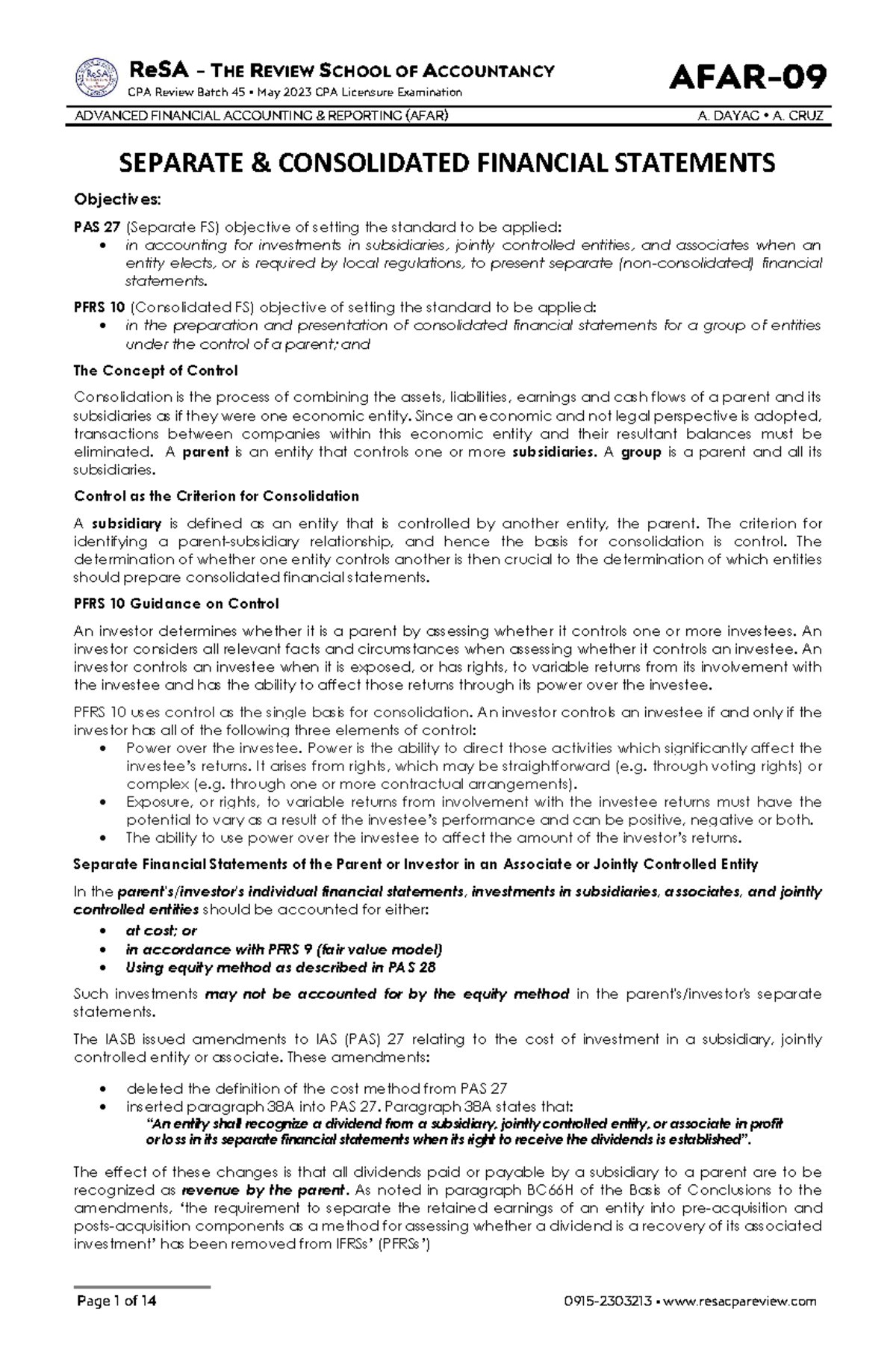AFAR-09: Separate Consolidated Financial Statements Review for CPA Exam ...