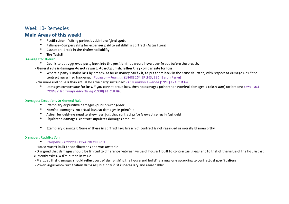 Week 10 lecture notes summary remedies - Week 10- Remedies Main Areas ...