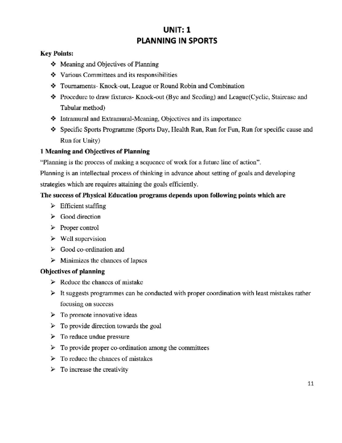 UNIT 1: PLANNING IN SPORTS - Key Points and Committee Responsibilities ...