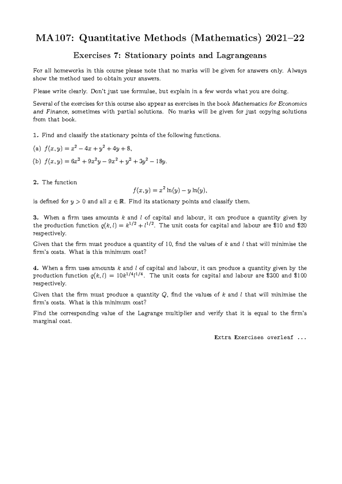 Ex - MA107 PROBLEM SET 7 - MA107: Quantitative Methods (Mathematics ...