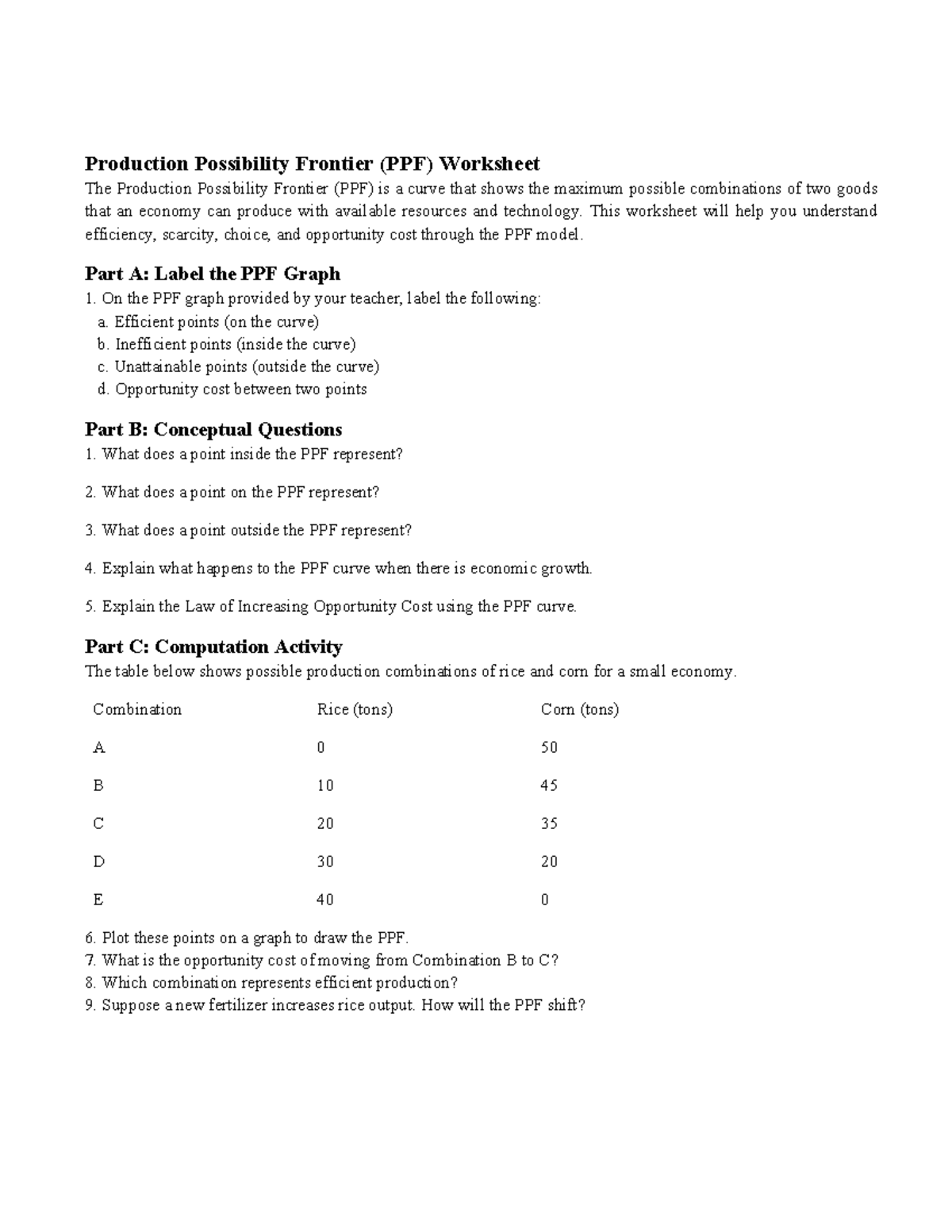 PPF Worksheet: Understanding Production Possibility Frontier - Studocu