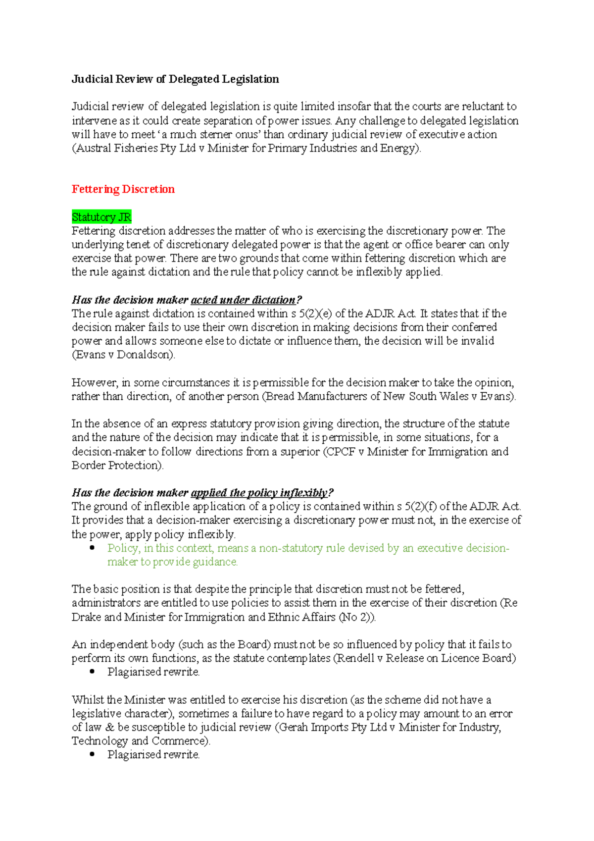 Judicial Review of Delegated Legislation: Fettering Discretion ...