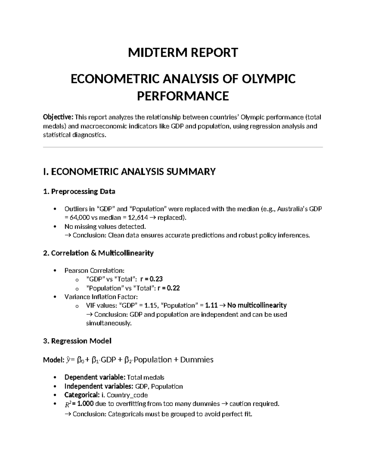MIDTERM REPORT: ECONOMETRIC ANALYSIS OF OLYMPIC PERFORMANCE - Studocu