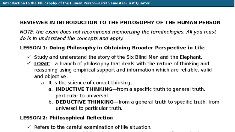 PHIL 101: Reviewer for Introduction to the Philosophy of the Human ...