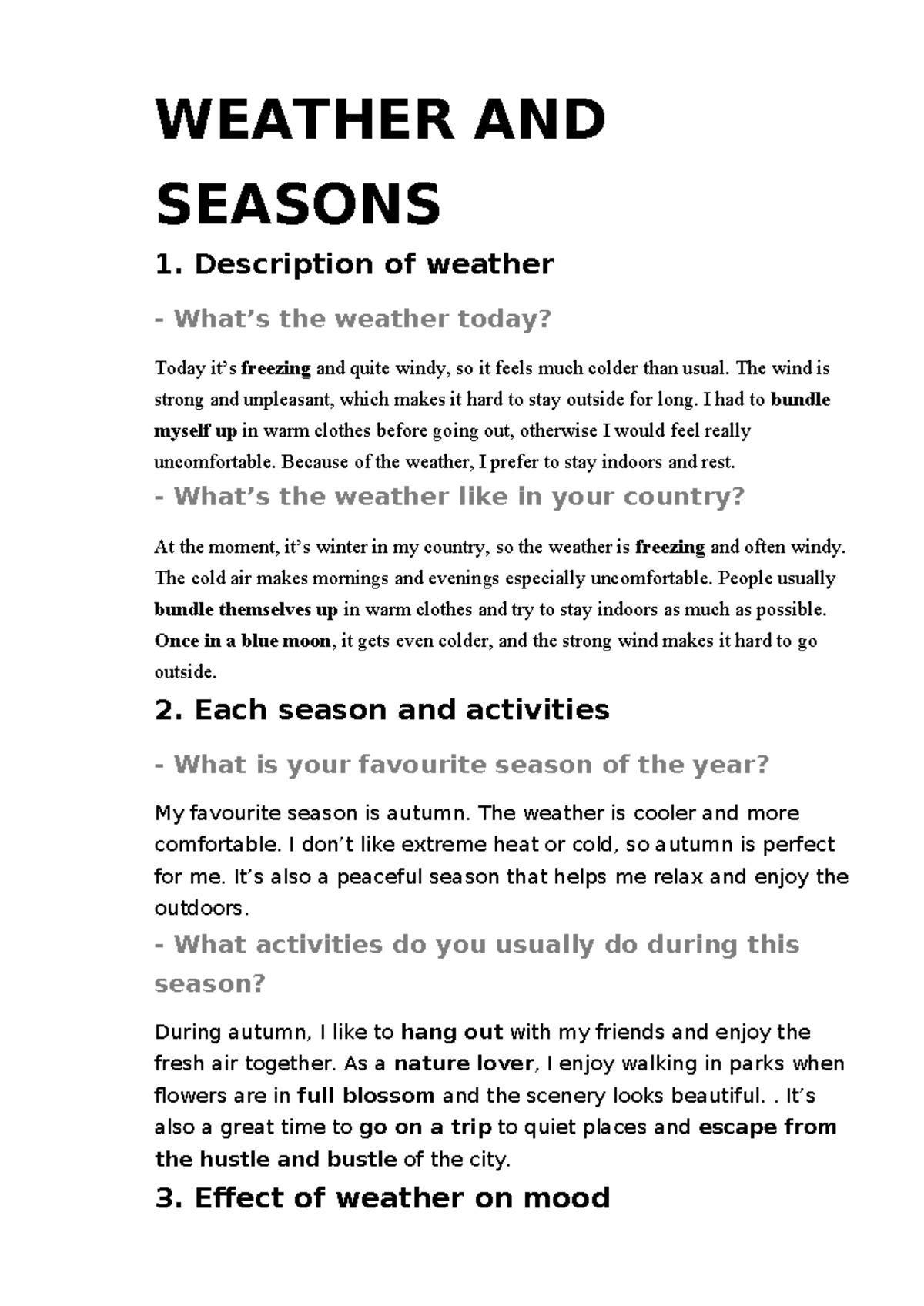 WEATHER AND SEASONS: Effects on Mood and Activities - Studocu