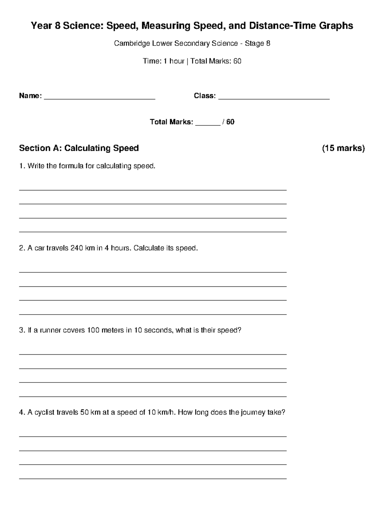 Year 8 Science: Speed Exam Paper - Measuring Speed & Graphs - Studocu