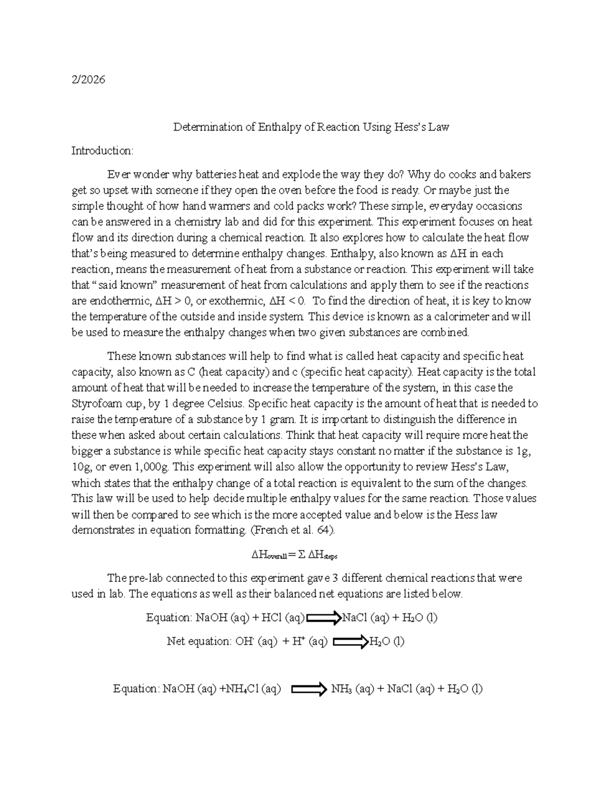 Lab Report: Determination of Enthalpy of Reaction (Chem 101) - Studocu