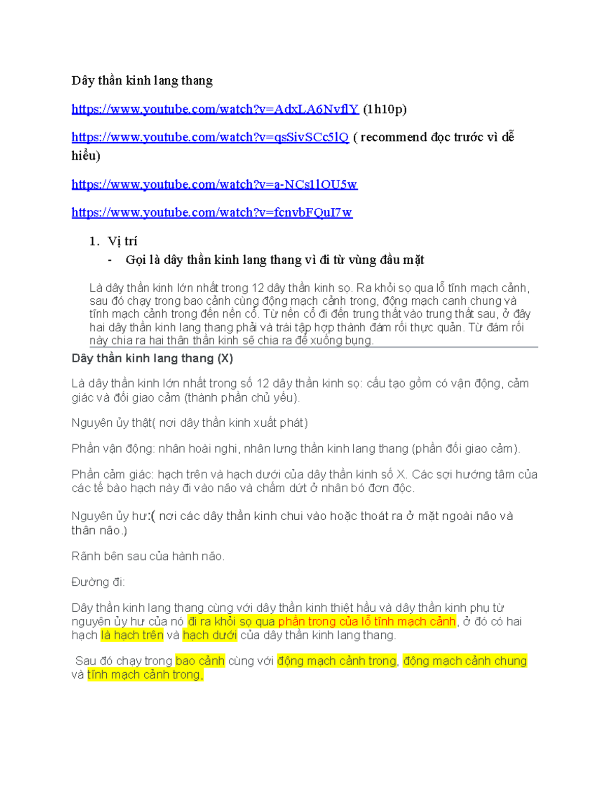 Dây Thần Kinh Lang Thang (X): Vị Trí, Nguyên Ủy & Chức Năng - Studocu