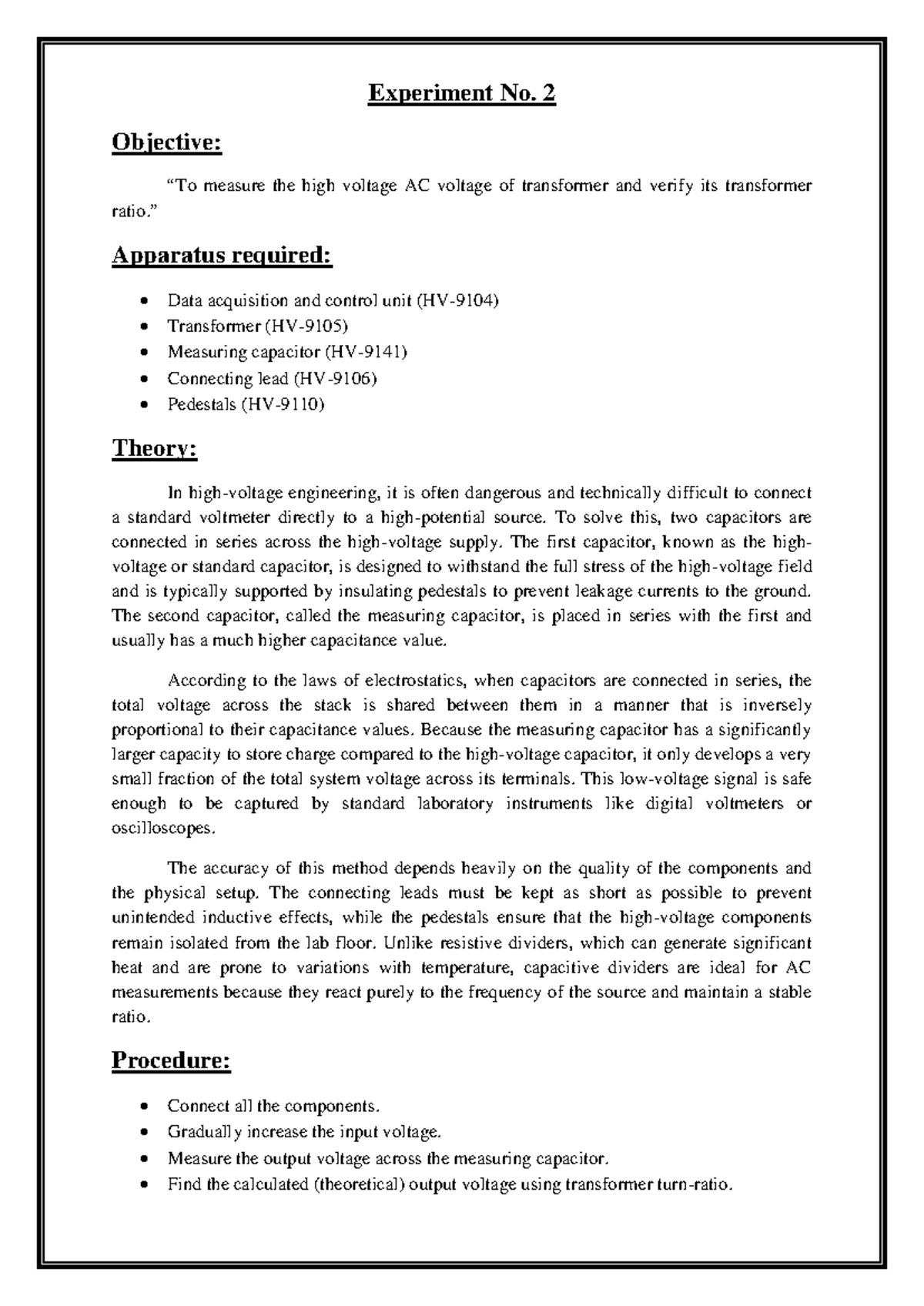 Experiment No. 2 - Lab Report on High Voltage AC Measurement - Studocu