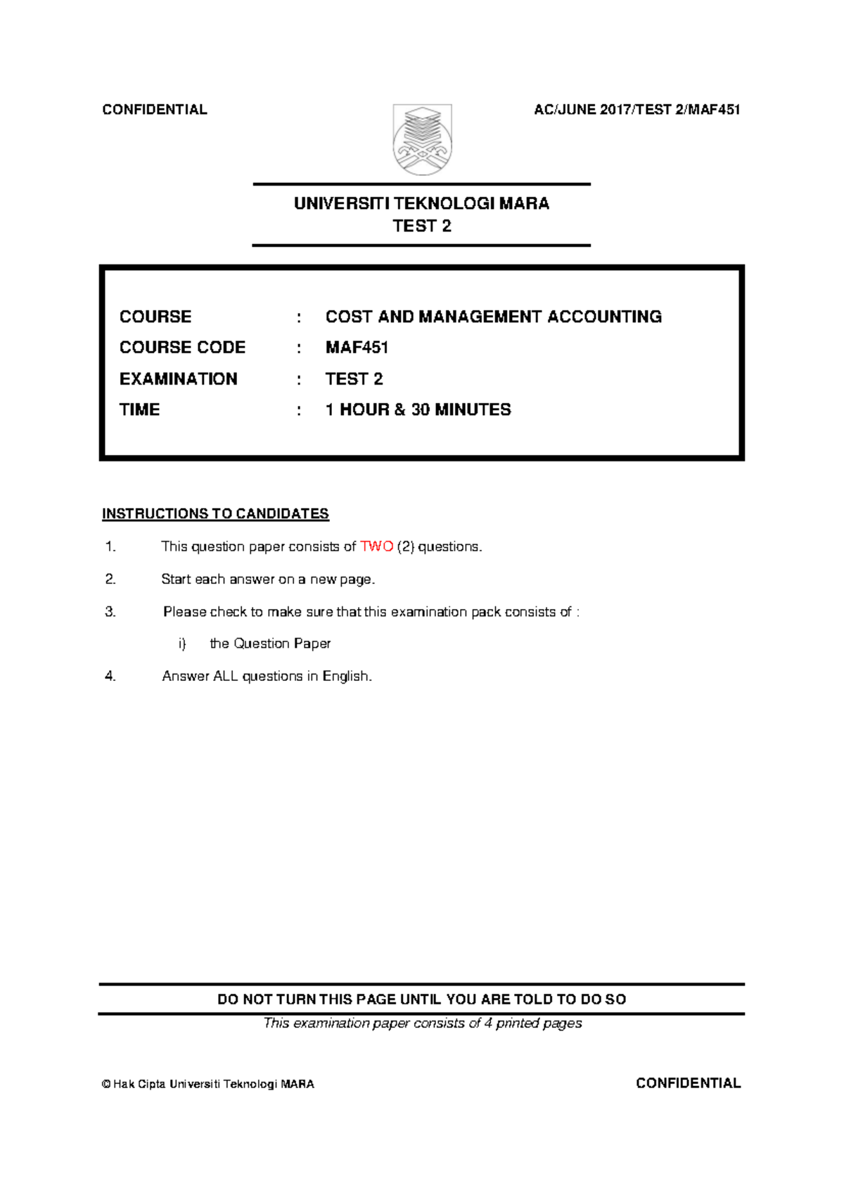 MAF451 TEST 2 JUNE 2017 - COST & MANAGEMENT ACCOUNTING PYP - Studocu
