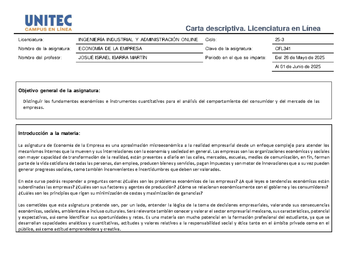Carta Descriptiva: Economía de la Empresa CFL341 - Lic. en Línea 2025 - Document Preview