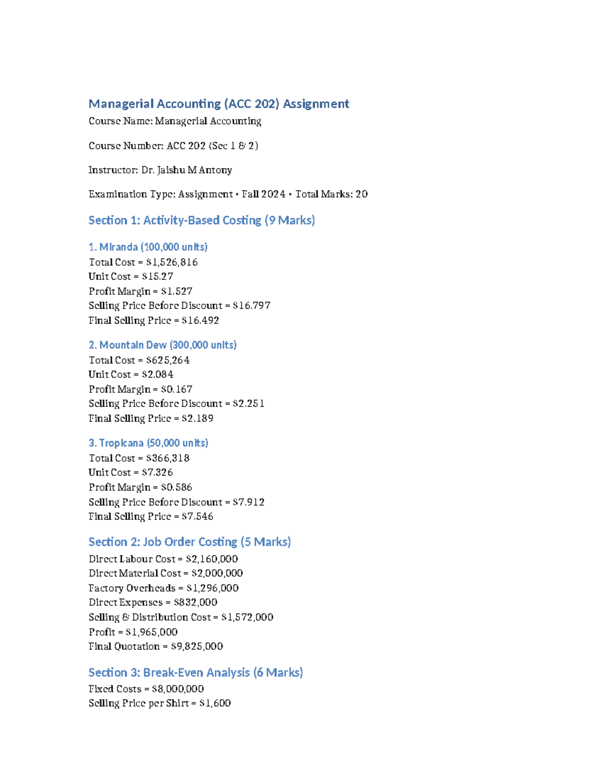 Managerial Accounting Assignment Complete - Managerial Accounting (ACC ...