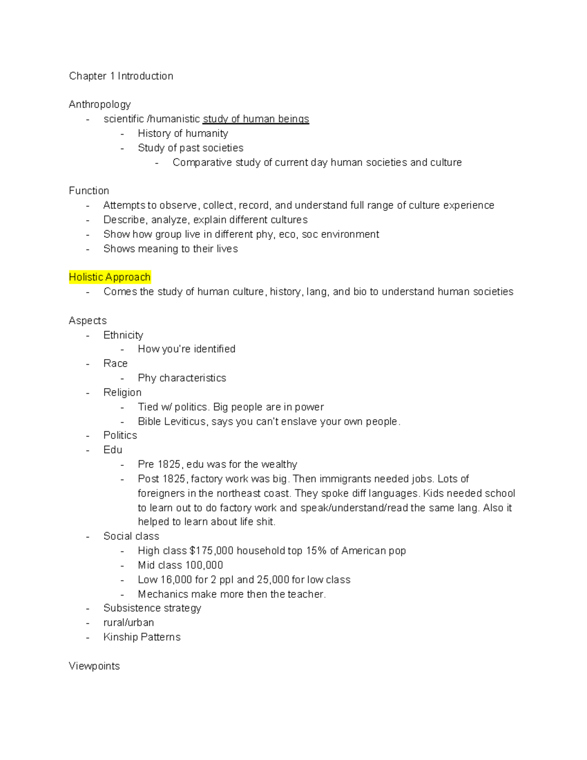 Anthropology Overview: Lecture Notes for Chapters 1-3 (Intro, Culture ...