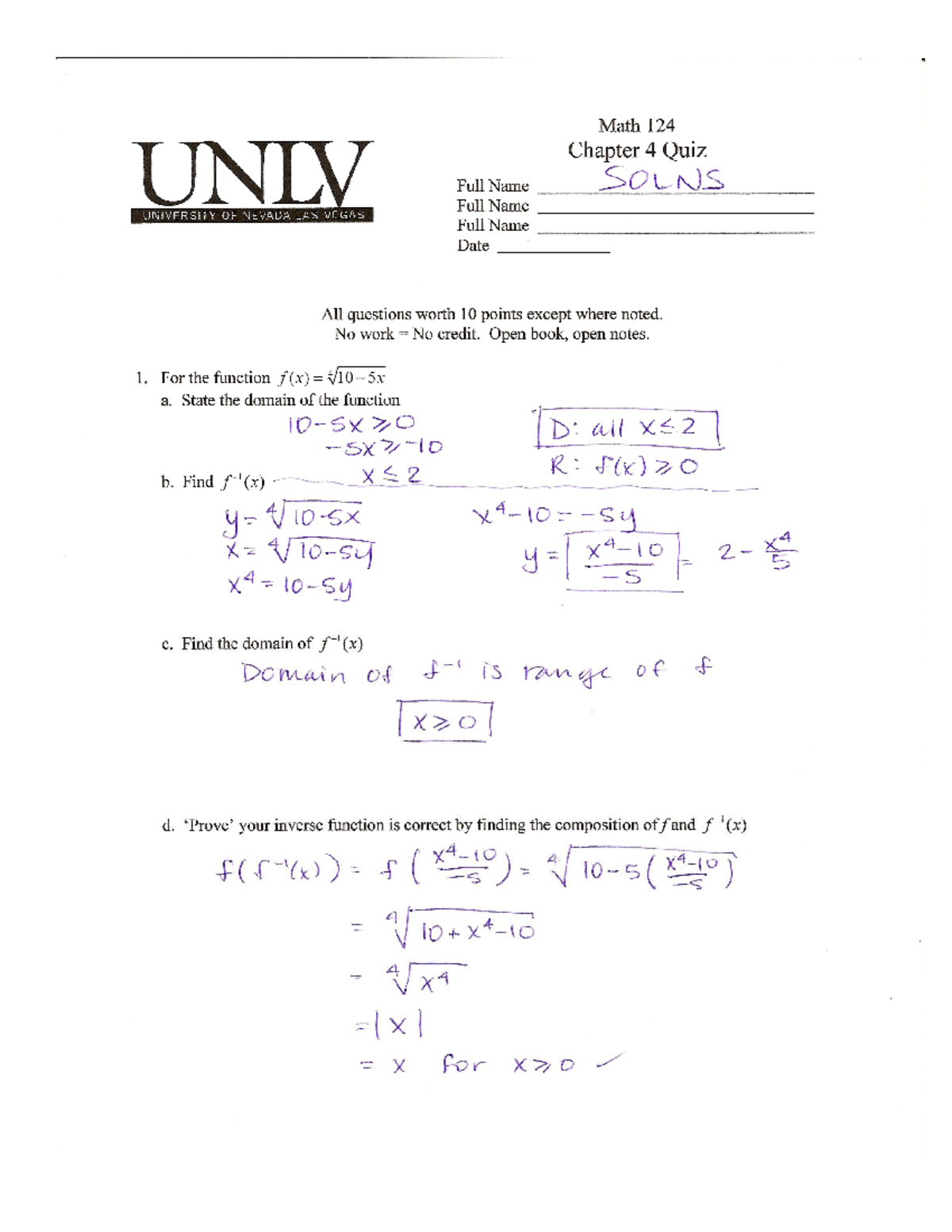 Quiz 04 Solutions for Math 124 UNLV (Chapter 4) 2010 - Studocu