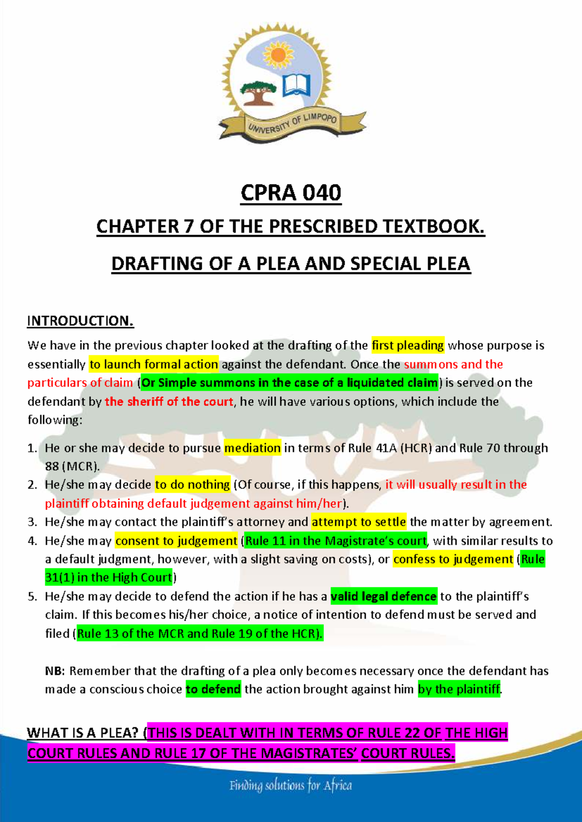 CPRA 040 LECTURE NOTES: DRAFTING A PLEA & SPECIAL PLEA (CH 7) - Studocu