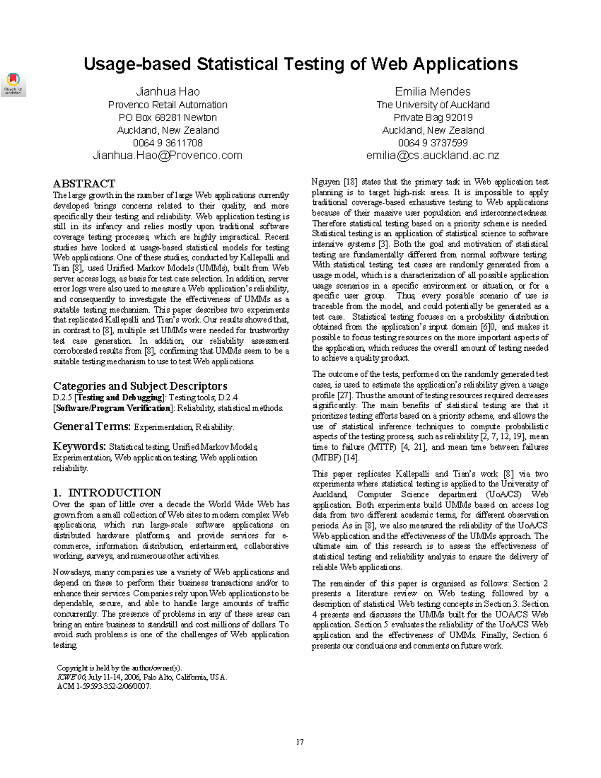 Usage-Based Statistical Testing of Web Applications: UoA/CS Case Study ...