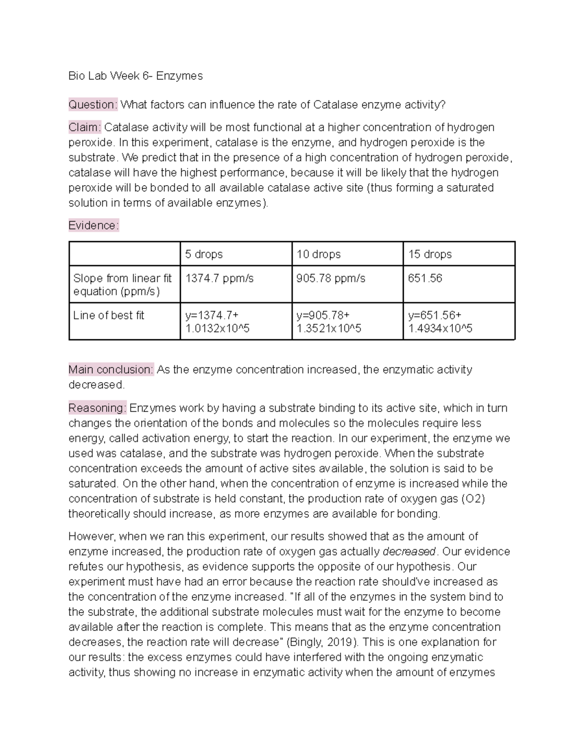 Bio Lab - Enzyme Activity & Catalase Experiment Analysis - Studocu