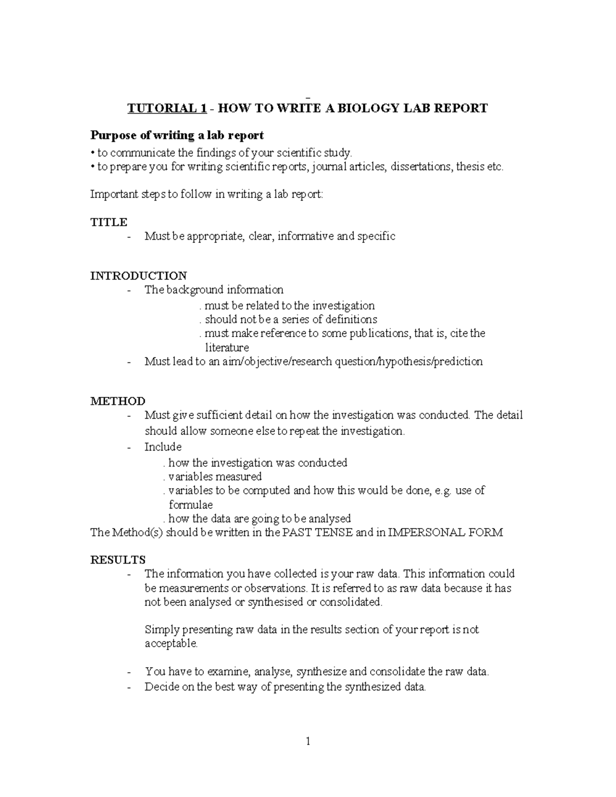 Writing a Biology Lab Report - BIO111 Tutorial Guidance 2016 - Studocu
