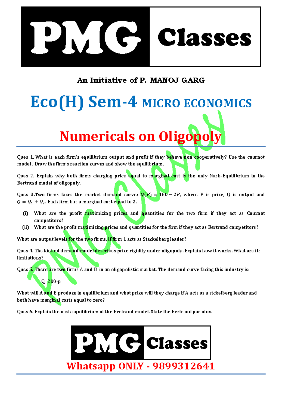 PMG Sem-4 Microeconomics: Oligopoly Numerical Questions and Analysis ...