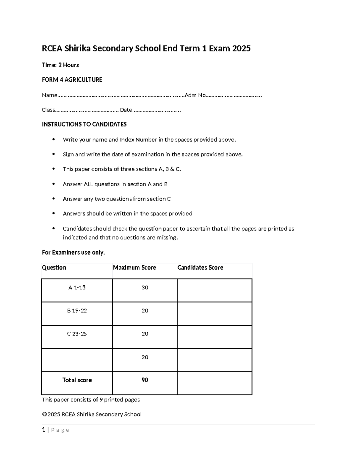 RCEA 4 AGRICULTURE End Term 1 Exam 2025 - Food & Beverage Focus - Studocu
