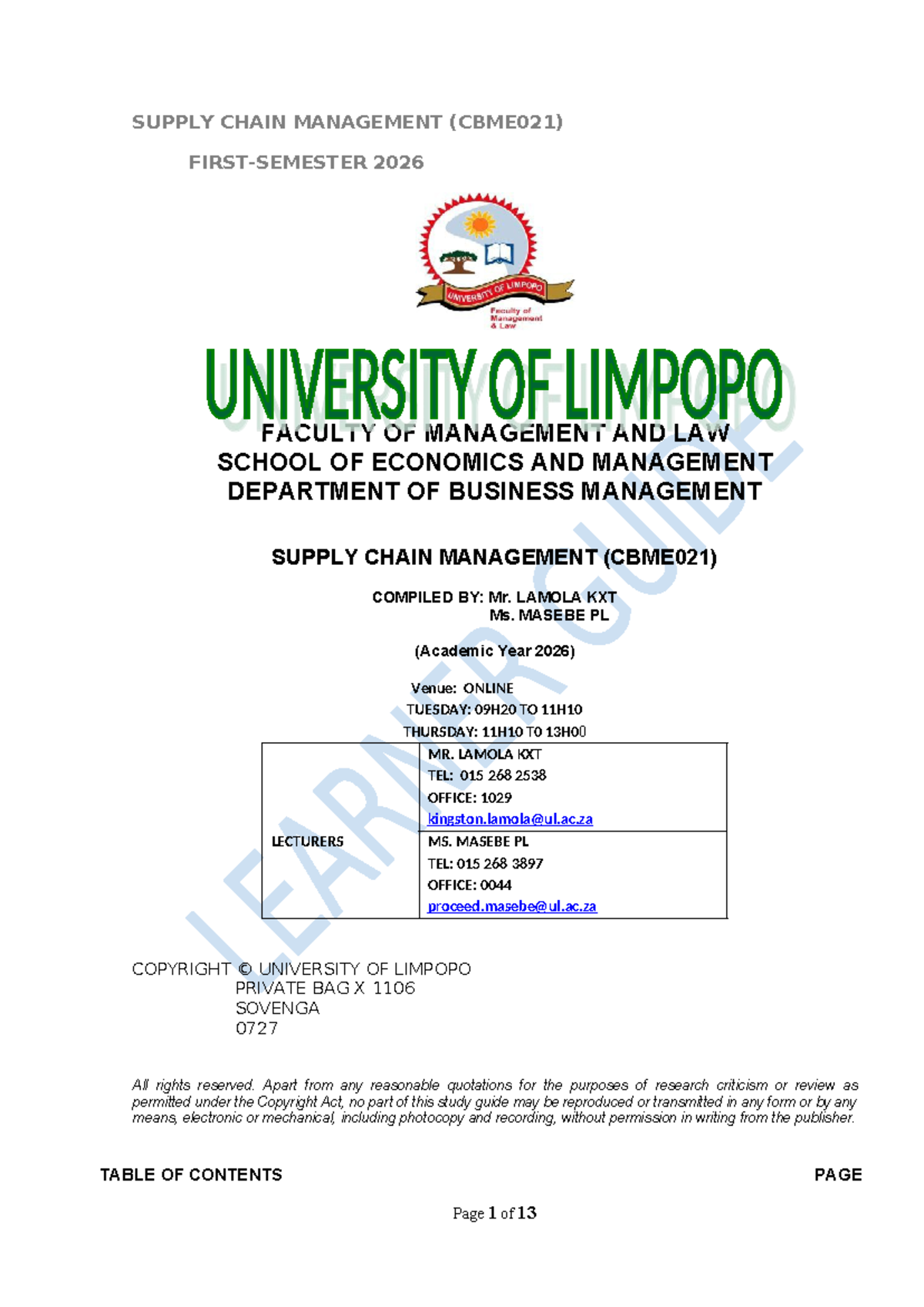 Supply Chain Management (CBME021) 2026 Learner Guide - Studocu
