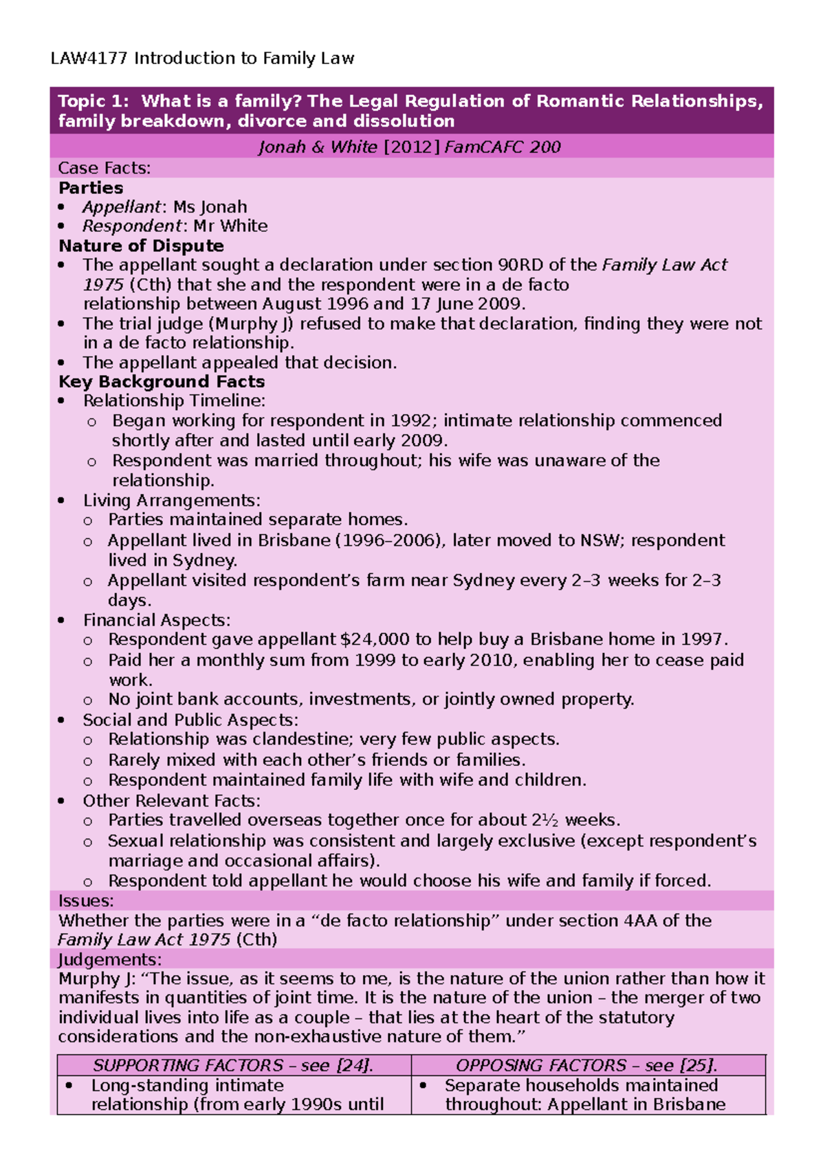 LAW4177 Case Summary: Family Law Disputes and Judgements - Studocu