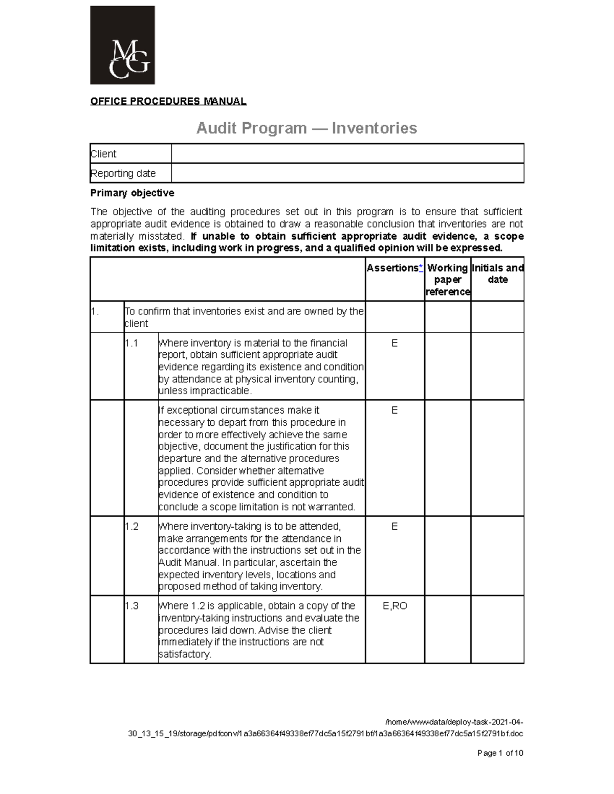 8.2A - Audit Program - Inventories - 15 1560 - OFFICE PROCEDURES MANUAL ...
