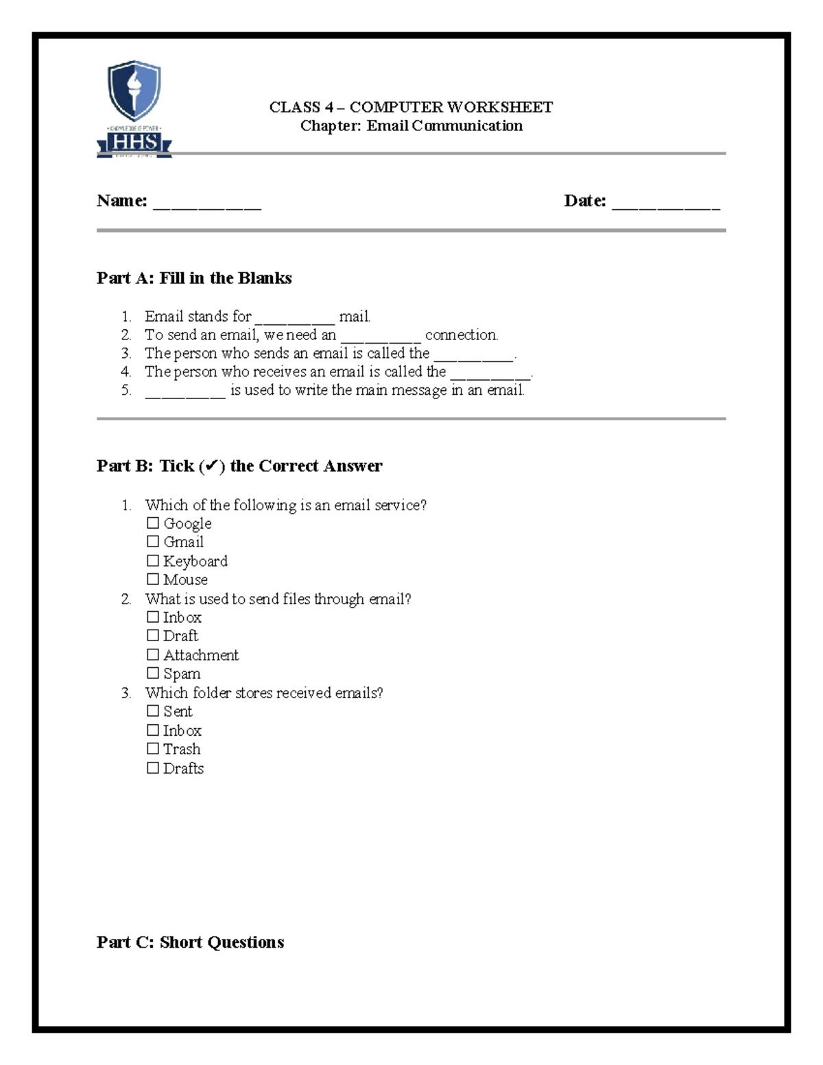 CLASS 4 COMPUTER WORKSHEET: Email Communication Activities - Studocu