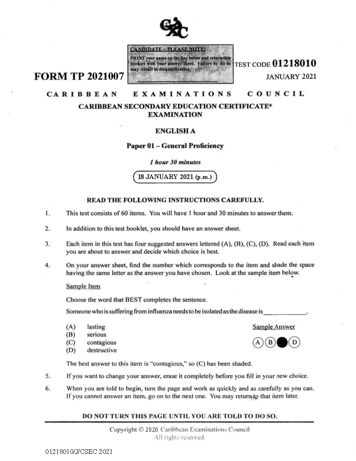 CSEC English A P1 2021 January Exam Practice Questions - Studocu