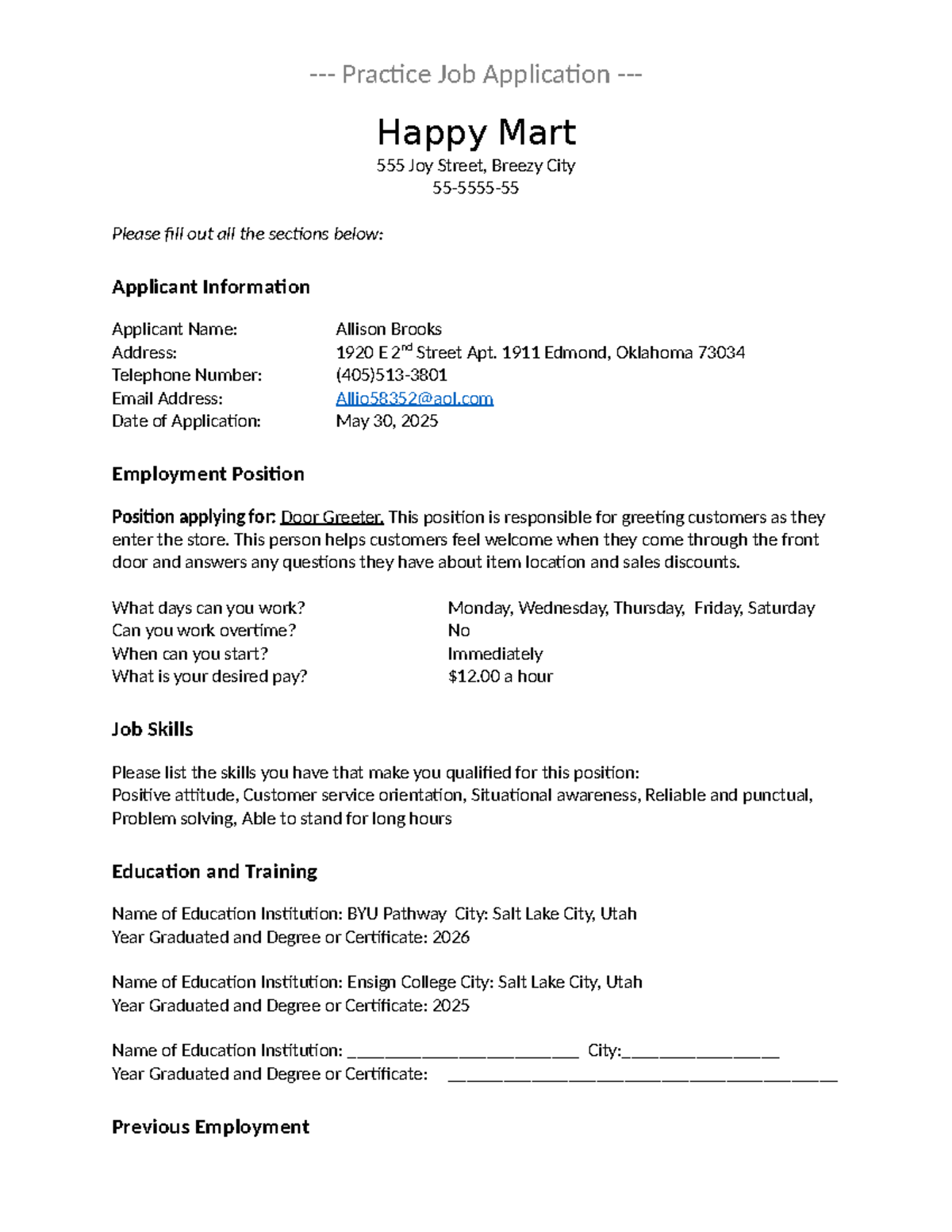 Practice Job Application for Door Greeter Position at Happy Mart - Studocu