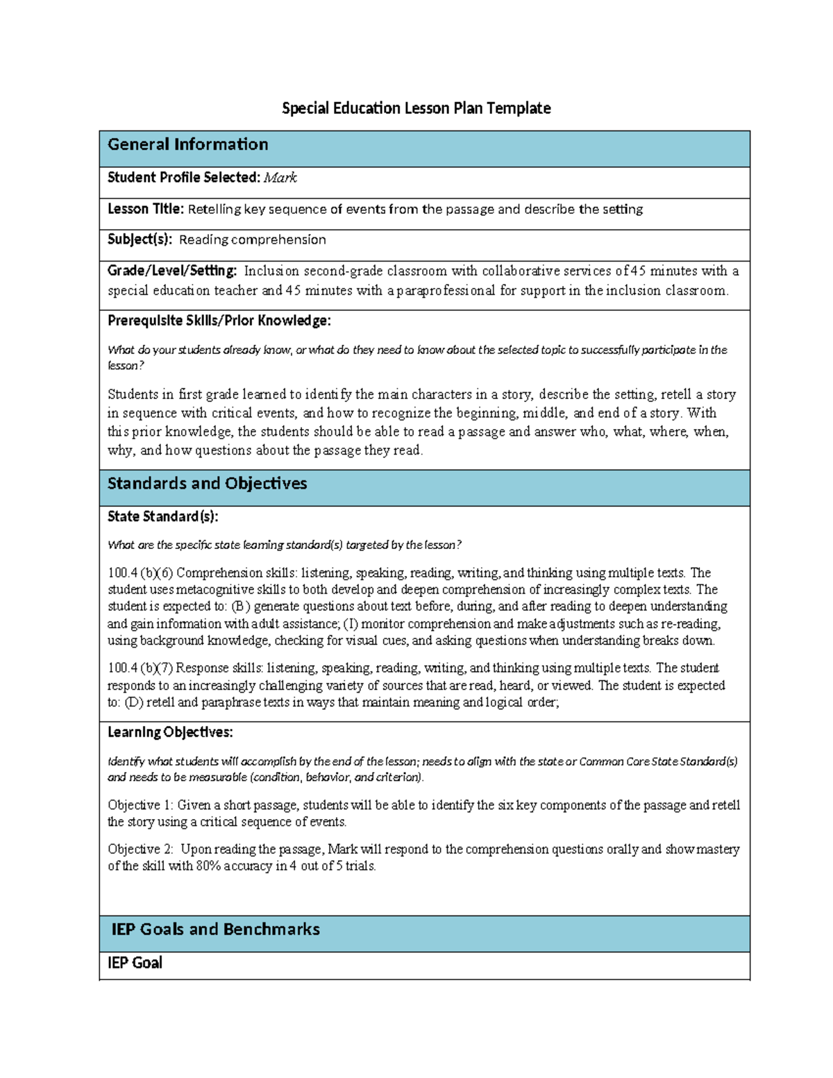 Special Education Lesson Plan Template Mark - Special Education Lesson ...