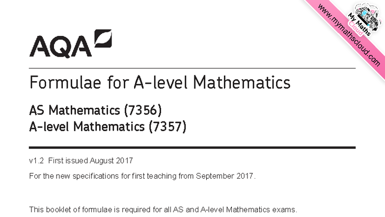 A Level Maths Formula Sheet For AS Mathematics 7356 7357 Studocu