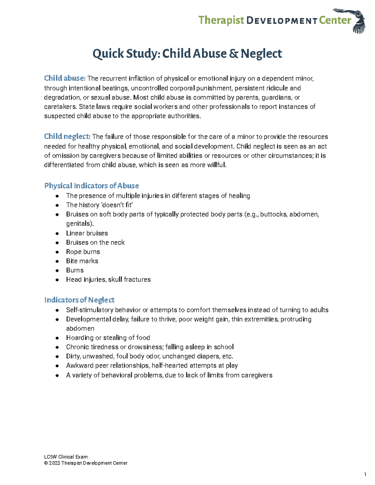 LCSW Clinical Exam Study: Indicators of Child Abuse & Neglect - Studocu