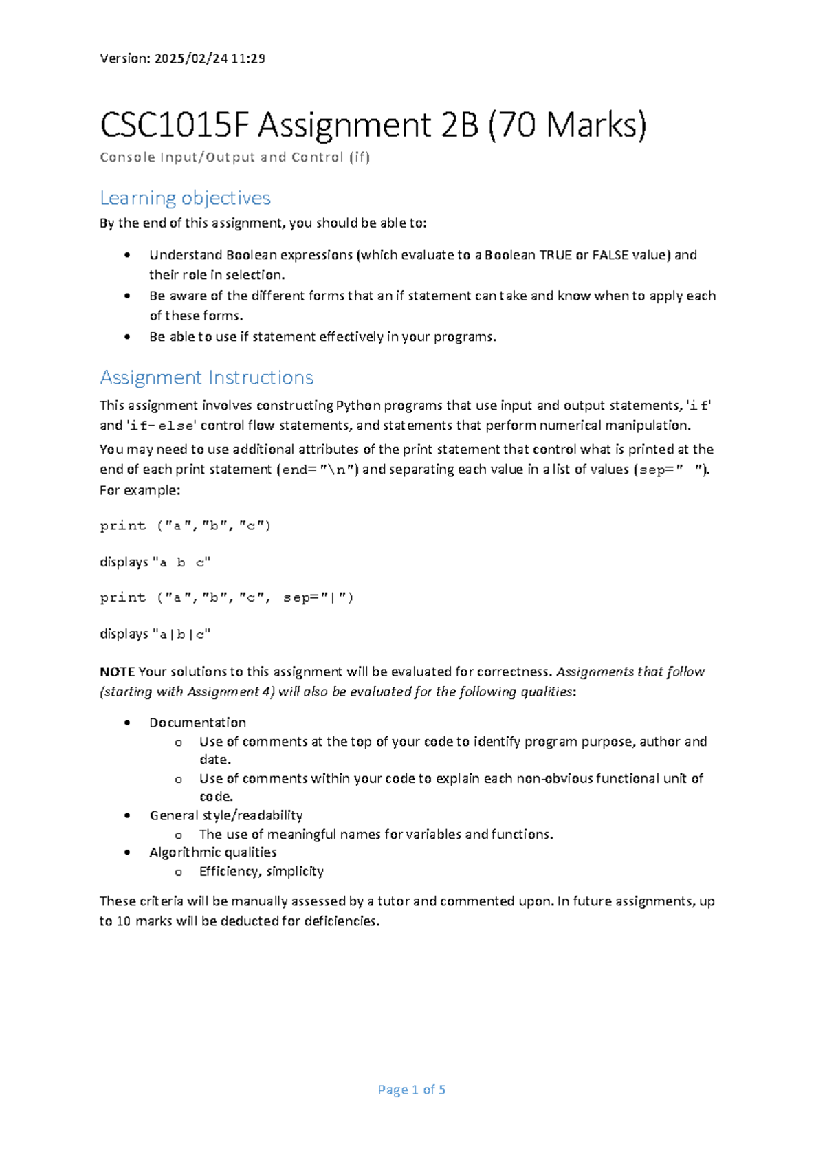 CSC1015F Assignment 2B: Intro to Python IO & Control Structures - Studocu