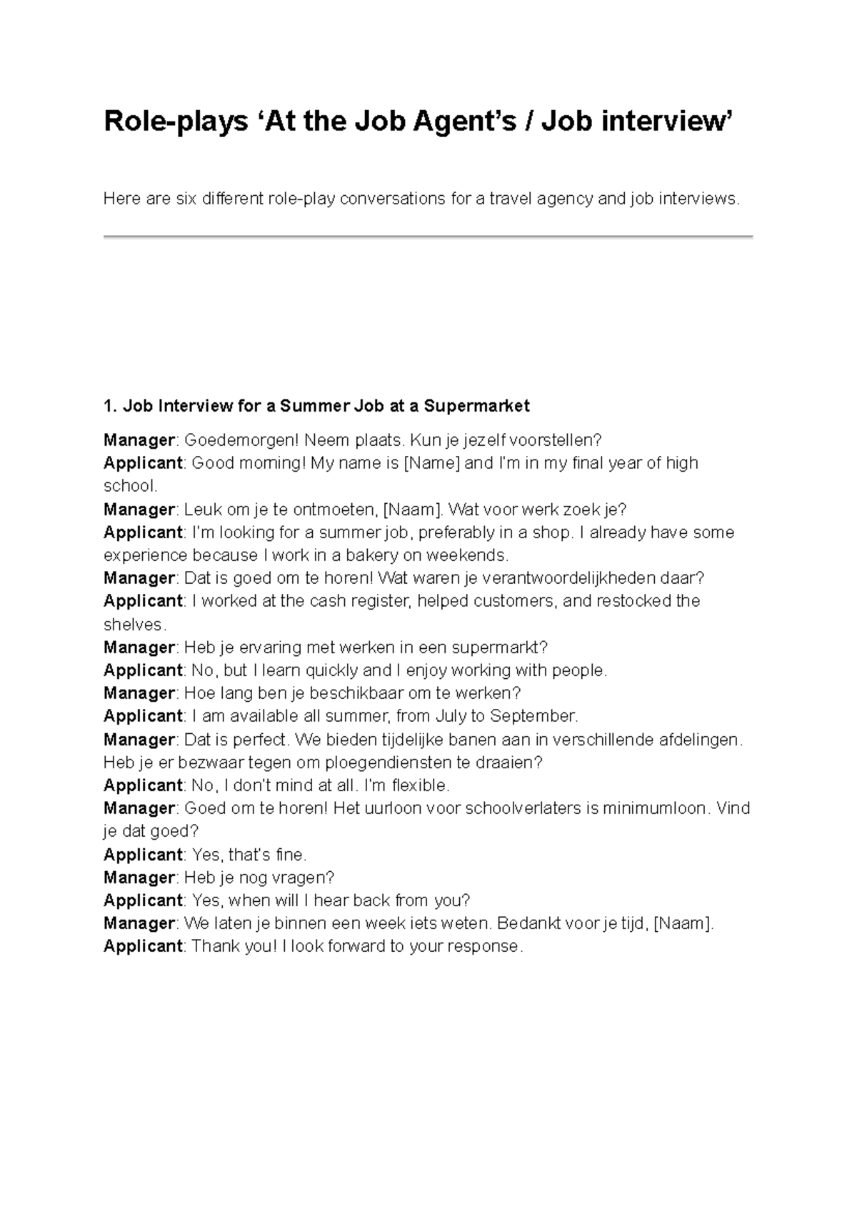 Role-plays for Job Interviews - DU-EN (3) - Studeersnel