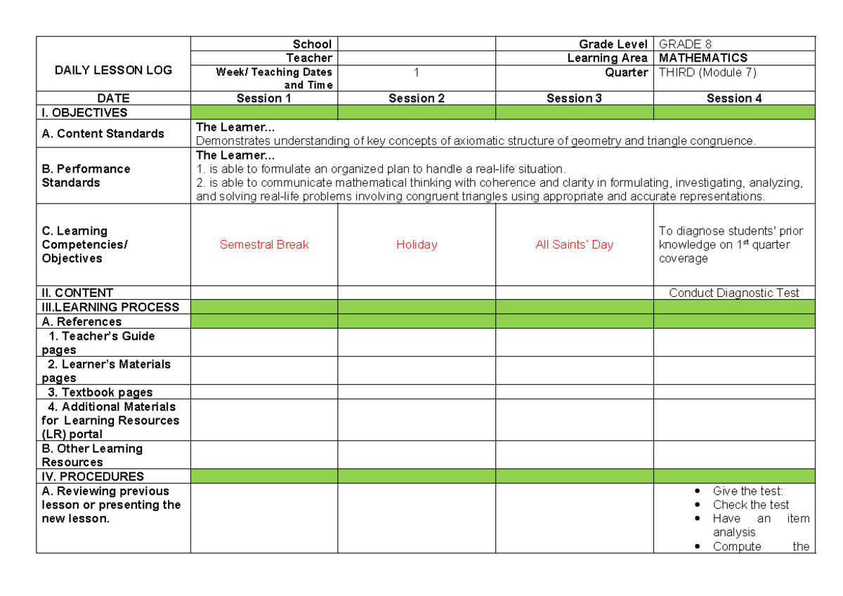 DLLWeek 1 - Math 8 - DAILY LESSON LOG School Grade Level GRADE 8 ...