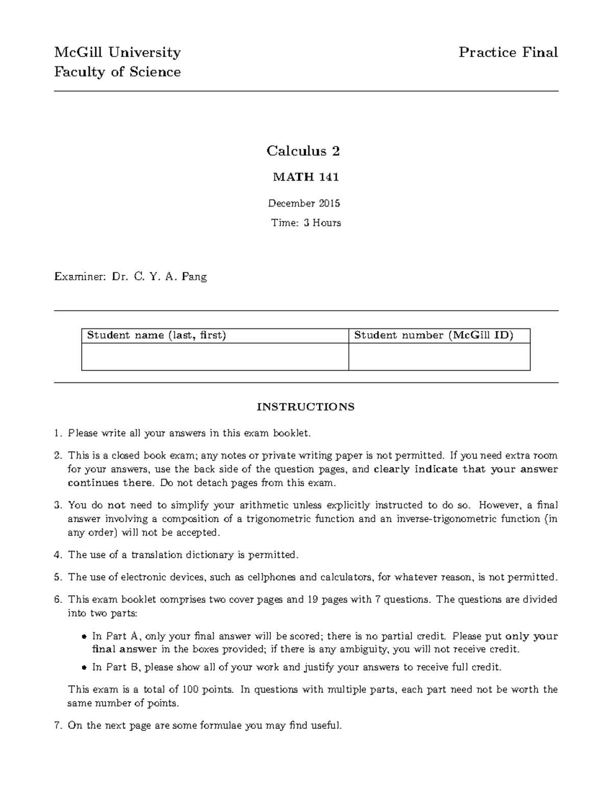 MATH 141 Practice Final Exam - December 2015 Guide - Studocu